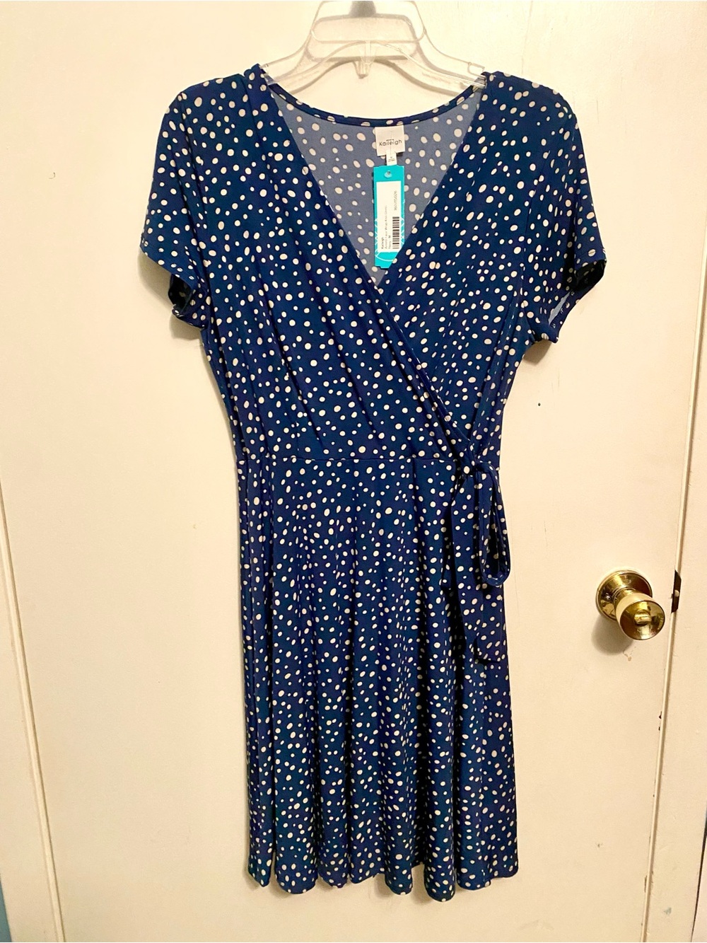 Kaileigh Navy Blue Polka Dot Wrap-Style Dress